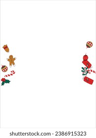 Weihnachtskartenrahmen mit Leerraum für Wünsche. Lebkuchen, Orange, Weihnachtsbaumdekorationen, Äste, Geschenkbox, Socken, Heilige Beeren. Vektorgrafik