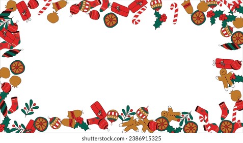 Christmas card frame with empty space for wishes. Gingerbread, orange, Christmas tree decorations, branches, gift boxes, sock, holly berries. Vector illustration