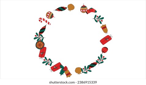 Christmas card frame with empty space for wishes. Gingerbread, orange, Christmas tree decorations, branches, gift boxes, sock, holly berries. Vector illustration