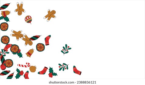 Christmas card frame with empty space for wishes. Gingerbread, orange, Christmas tree decorations, branches, gift boxes, sock, holly berries. Vector illustration