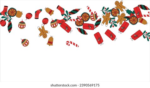 Christmas card frame with empty space for wishes. Gingerbread, orange, Christmas tree decorations, branches, gift boxes, sock, holly berries. Vector illustration