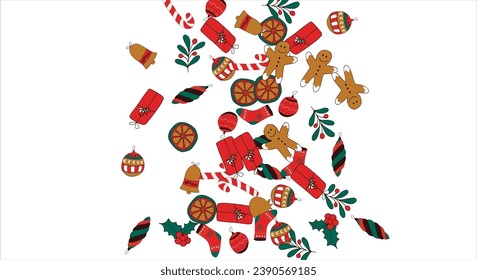 Christmas card frame with empty space for wishes. Gingerbread, orange, Christmas tree decorations, branches, gift boxes, sock, holly berries. Vector illustration