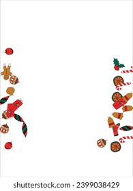 Christmas card frame with empty space for wishes. Gingerbread, orange, Christmas tree decorations, branches, gift boxes, sock, holly berries. Vector illustration