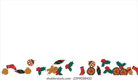 Christmas card frame with empty space for wishes. Gingerbread, orange, Christmas tree decorations, branches, gift boxes, sock, holly berries. Vector illustration