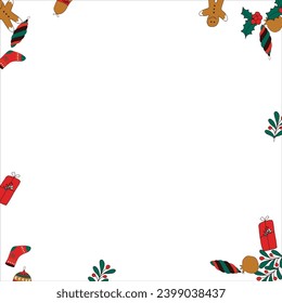 Weihnachtskartenrahmen mit Leerraum für Wünsche. Lebkuchen, Orange, Weihnachtsbaumdekorationen, Äste, Geschenkbox, Socken, Heilige Beeren. Vektorgrafik