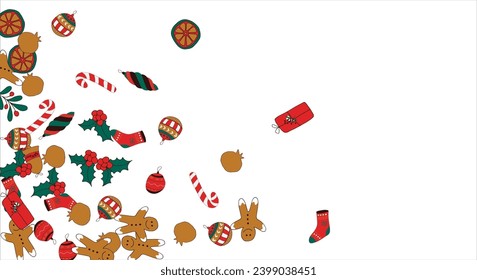 Christmas card frame with empty space for wishes. Gingerbread, orange, Christmas tree decorations, branches, gift boxes, sock, holly berries. Vector illustration