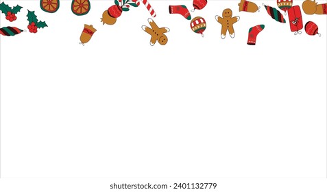 Christmas card frame with empty space for wishes. Gingerbread, orange, Christmas tree decorations, branches, gift boxes, sock, holly berries. Vector illustration