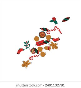 Christmas card frame with empty space for wishes. Gingerbread, orange, Christmas tree decorations, branches, gift boxes, sock, holly berries. Vector illustration