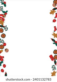 Christmas card frame with empty space for wishes. Gingerbread, orange, Christmas tree decorations, branches, gift boxes, sock, holly berries. Vector illustration