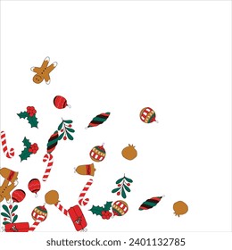 Christmas card frame with empty space for wishes. Gingerbread, orange, Christmas tree decorations, branches, gift boxes, sock, holly berries. Vector illustration