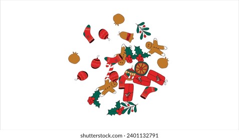 Weihnachtskartenrahmen mit Leerraum für Wünsche. Lebkuchen, Orange, Weihnachtsbaumdekorationen, Äste, Geschenkbox, Socken, Heilige Beeren. Vektorgrafik