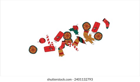 Christmas card frame with empty space for wishes. Gingerbread, orange, Christmas tree decorations, branches, gift boxes, sock, holly berries. Vector illustration