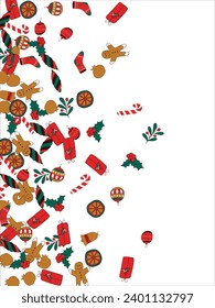 Weihnachtskartenrahmen mit Leerraum für Wünsche. Lebkuchen, Orange, Weihnachtsbaumdekorationen, Äste, Geschenkbox, Socken, Heilige Beeren. Vektorgrafik