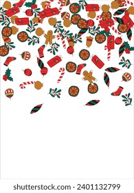 Christmas card frame with empty space for wishes. Gingerbread, orange, Christmas tree decorations, branches, gift boxes, sock, holly berries. Vector illustration