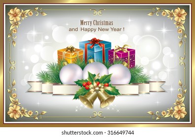 Christmas card in the frame with gifts.