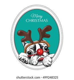 Christmas card. Frame with Portrait of a French Bulldog in the mask Santa's deer (Horn, red nose) on a green background. Vector illustration.