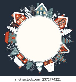 Christmas card, frame with scandi houses, trees. Concept winter. New year ornament poster