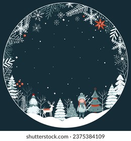Christmas card, frame with snowflakes, girl, trees. Winter concept in scandi style. New year, Merry Chrisrmas