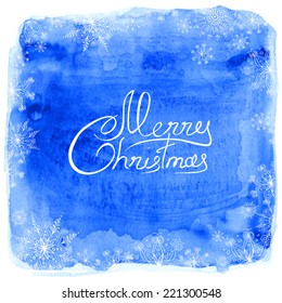 Christmas card with frame of snowflakes on a blue watercolor background