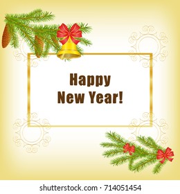 Christmas card with frame, spruce branches decorated with bell and bow