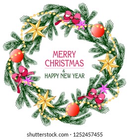 Christmas card, frame, wreath of tree branches, decorations, garland, merry christmas lettering, hand drawn elements, vector illustration