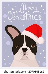 A Christmas card with a French bulldog. Cute cartoon-style dog.
