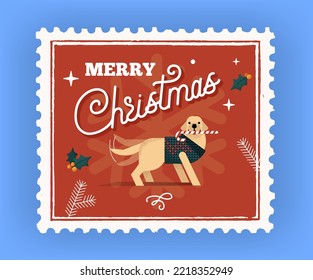 Christmas card with french labrador in sweater. Merry christmas lettering.