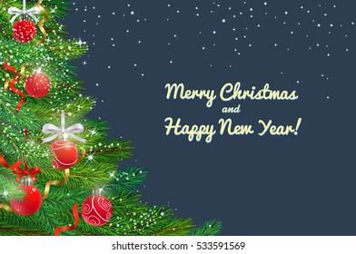 christmas card with fresh green fur-tree branches and beautifull balls