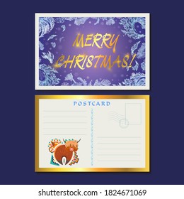 Christmas card with frosty pattern. Decorative Scottish bull on the background of ethnic ornament. Postal tourist card art design.