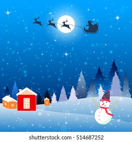Christmas card full moon forest mountains winter in blue, happy snowman waving to Santa sleigh and reindeer flying over night village.  Vector illustration.
