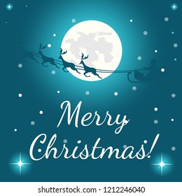 Christmas card full moon night passing santa claus in his sleigh