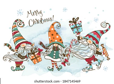 Christmas Card With A Fun Cute Family Of Nordic Gnomes With Gifts. Watercolors And Graphics. Doodle Style.