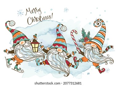 Christmas Card With A Fun Cute Family Of Nordic Gnomes With Gifts. Watercolors And Graphics. Doodle Style.