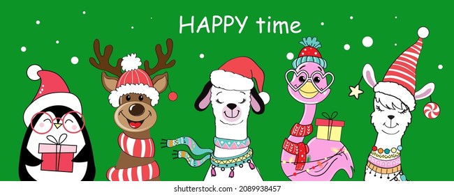 Christmas card with funny animals. Llama, flamingo, reindeer and penguin. Vector cartoon illustration