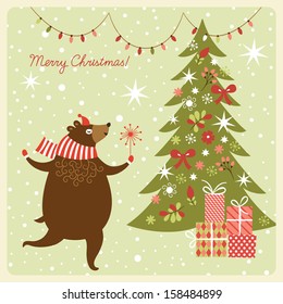 Christmas card, funny bear dance 
