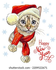Christmas card with funny bengal cat portrait wearing in christmas hat and scarf, snowflakes and lettering Happy new year. Vector illustration. For decor, design, print, posters, stickers, t-shirt