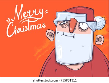 Christmas card with funny boozy Santa Claus. Santa Claus got wasted. Lettering on orange background with copy space. Cartoon character vector illustration.