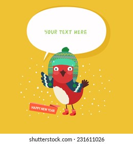 Christmas card with funny bullfinch in knitted hat with ornaments and bubble for text. Vector colorful illustration in flat design style