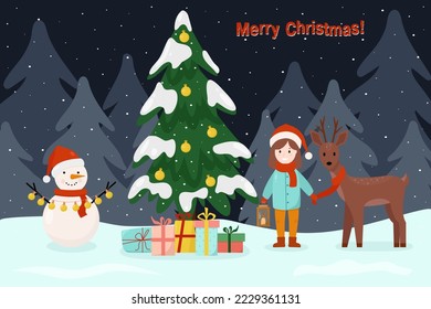 Christmas card with funny cartoon characters. A snowman with a garland, a deer in a scarf and little girl with an old lamp . There is a Christmas tree in the with gifts under it in the night forest.