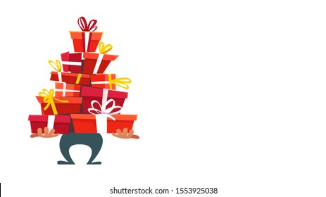 Christmas card , funny cartoon Santa Claus with huge red gifts box with presents. Happy New Year posters, gift tags and labels any party invitation