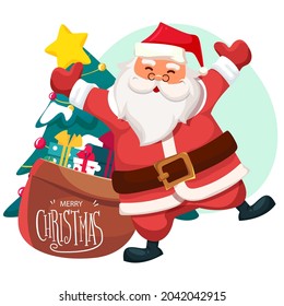 Christmas card. Funny cartoon Santa Claus with huge red bag with presents. Santa Claus is coming to town. Red Santa hat. For Christmas and New Year posters, gift tags and labels
