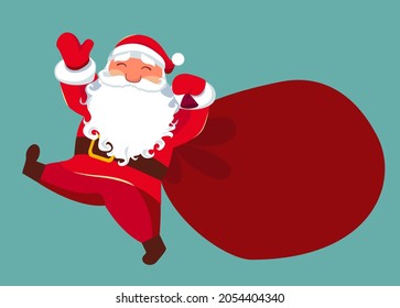 Christmas card. Funny cartoon Santa Claus with a huge red bag with gifts. Hand drawn text - Santa is coming. Red Santa hat. For Christmas and New Year posters, gift tags and labels. Santa waving hand