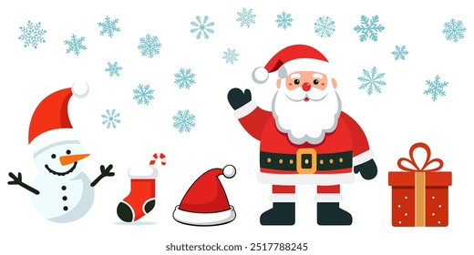 Cartão de Natal. Engraçado desenho animado Papai Noel. Chapéu de Papai Noel Vermelho. Para cartazes de Natal e Ano Novo, etiquetas e etiquetas de presente