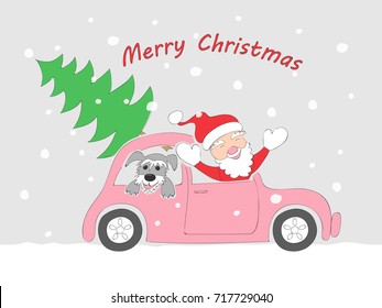 Christmas card with funny cartoon santa claus, happy schnauzer puppy and christmas fir tree in the retro auto and  text Merry Christmas on the snow background. eps 10