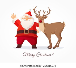 Christmas card. Funny cartoon Santa Claus and red nose reindeer on white background. Red Santa hat. Also great for Christmas and New Year posters, gift tags and labels