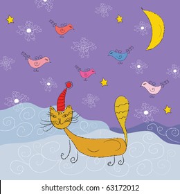 Christmas card with funny cat and birds