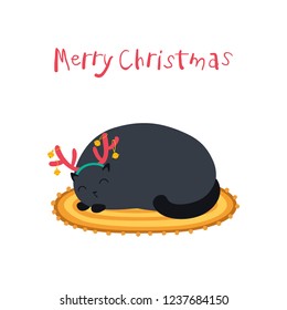 Christmas card with a funny cat with deer horns is sleeping. Vector illustration