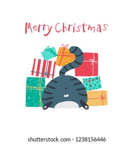 Christmas card with a funny cat and gift boxes. Vector illustration