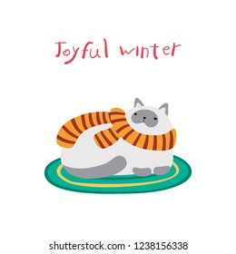 Christmas card with a funny cat in a striped scarf lies. Vector illustration