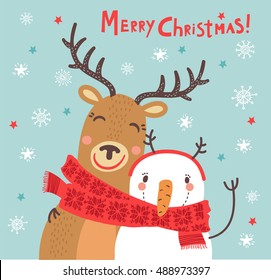 Christmas card. Funny characters. Deer and snowman hugging